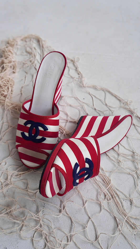 CHANEL CRUISE 2010 STRIPED WEDGE SANDALS