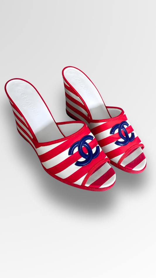 CHANEL CRUISE 2010 STRIPED WEDGE SANDALS